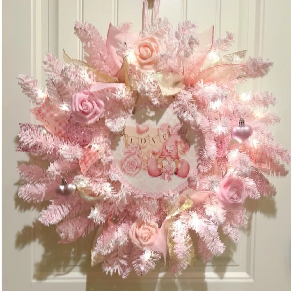 Handmade 22” Valentine’s Day Pink Flocked Garland Gnome LED Wreath W30